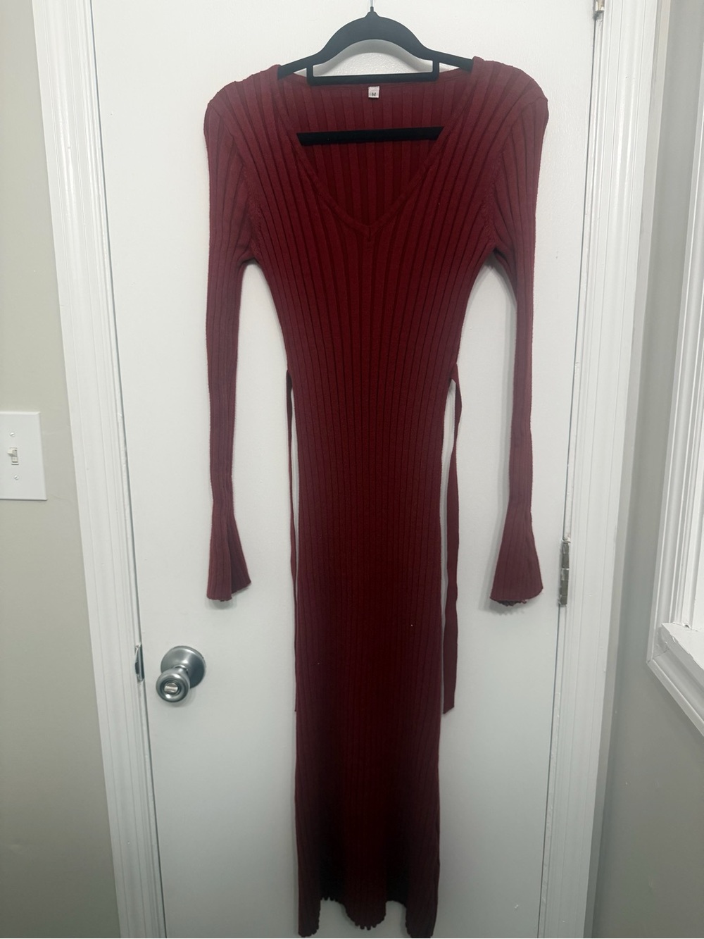 Long Ribbed Knit Tie Back Bodycon Dress in Burgundy
